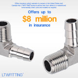 LTWFITTING 90 Degree Elbow Stainless Steel 316 Barb Fitting 3/8 Inch ID Hose x 1/4 Inch Male NPT Air Gas (Pack of 5)
