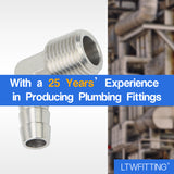 LTWFITTING 90 Degree Elbow Stainless Steel 316 Barb Fitting 3/8 Inch ID Hose x 3/8 Inch Male NPT Air Gas (Pack of 5)