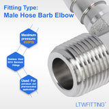 LTWFITTING 90 Degree Elbow Stainless Steel 316 Barb Fitting 3/8 Inch ID Hose x 3/8 Inch Male NPT Air Gas (Pack of 25)