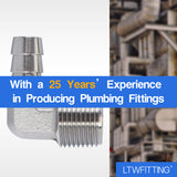 LTWFITTING 90 Degree Elbow Stainless Steel 316 Barb Fitting 3/8 Inch ID Hose x 3/8 Inch Male NPT Air Gas (Pack of 25)