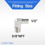 LTWFITTING 90 Degree Elbow Stainless Steel 316 Barb Fitting 1/2 Inch ID Hose x 3/8 Inch Male NPT Air Gas (Pack of 5)
