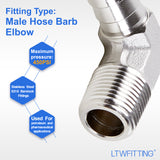 LTWFITTING 90 Degree Elbow Stainless Steel 316 Barb Fitting 1/2 Inch ID Hose x 3/8 Inch Male NPT Air Gas (Pack of 5)