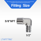 LTWFITTING 90 Degree Elbow Stainless Steel 316 Barb Fitting 1/2 Inch ID Hose x 3/8 Inch Male NPT Air Gas (Pack of 25)