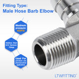 LTWFITTING 90 Degree Elbow Stainless Steel 316 Barb Fitting 1/2 Inch ID Hose x 3/8 Inch Male NPT Air Gas (Pack of 25)