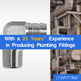 LTWFITTING 90 Degree Elbow Stainless Steel 316 Barb Fitting 1/2 Inch ID Hose x 3/8 Inch Male NPT Air Gas (Pack of 25)