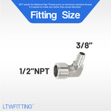LTWFITTING 90 Degree Elbow Stainless Steel 316 Barb Fitting 3/8 Inch Hose Barb x 1/2 Inch Male NPT Air Gas (Pack of 25)