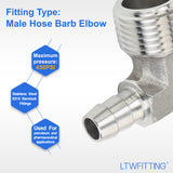 LTWFITTING 90 Degree Elbow Stainless Steel 316 Barb Fitting 3/8 Inch Hose Barb x 1/2 Inch Male NPT Air Gas (Pack of 25)
