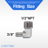 LTWFITTING 90 Degree Elbow Stainless Steel 316 Barb Fitting 3/8 Inch Hose Barb x 1/2 Inch Male NPT Air Gas (Pack of 250)