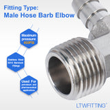 LTWFITTING 90 Degree Elbow Stainless Steel 316 Barb Fitting 3/8 Inch Hose Barb x 1/2 Inch Male NPT Air Gas (Pack of 250)