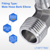 LTWFITTING 90 Degree Elbow Stainless Steel 316 Barb Fitting 1/2 Inch ID Hose x 1/2 Inch Male NPT Air Gas (Pack of 250)