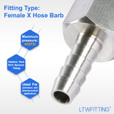 LTWFITTING Bar Production Stainless Steel 316 Barb Fitting Coupler 1/4 Inch Hose ID x 1/4 Inch Female NPT Air Fuel Water (Pack of 5)