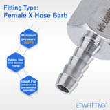LTWFITTING Bar Production Stainless Steel 316 Barb Fitting Coupler 1/4 Inch Hose ID x 3/8 Inch Female NPT Air Fuel Water (Pack of 500)