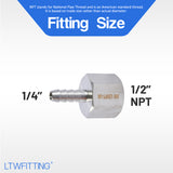 LTWFITTING Bar Production Stainless Steel 316 Barb Fitting Coupler 1/4 Inch Hose ID x 1/2 Inch Female NPT Air Fuel Water (Pack of 25)