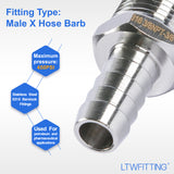 LTWFITTING Bar Production Stainless Steel 316 Barb Fitting Coupler/Connector 3/8 Inch Hose ID x 3/8 Inch Male NPT Air Fuel Water (Pack of 25)