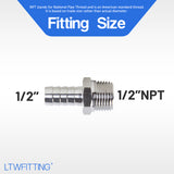 LTWFITTING Bar Production Stainless Steel 316 Barb Fitting Coupler/Connector 1/2 Inch Hose ID x 1/2 Inch Male NPT Air Fuel Water (Pack of 5)