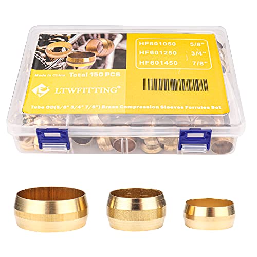 LTWFITTING Assortment Kit 5/8 3/4 7/8 Inch OD Compression Sleeves Ferrules, Brass Compression Fittings(Pack of 150)