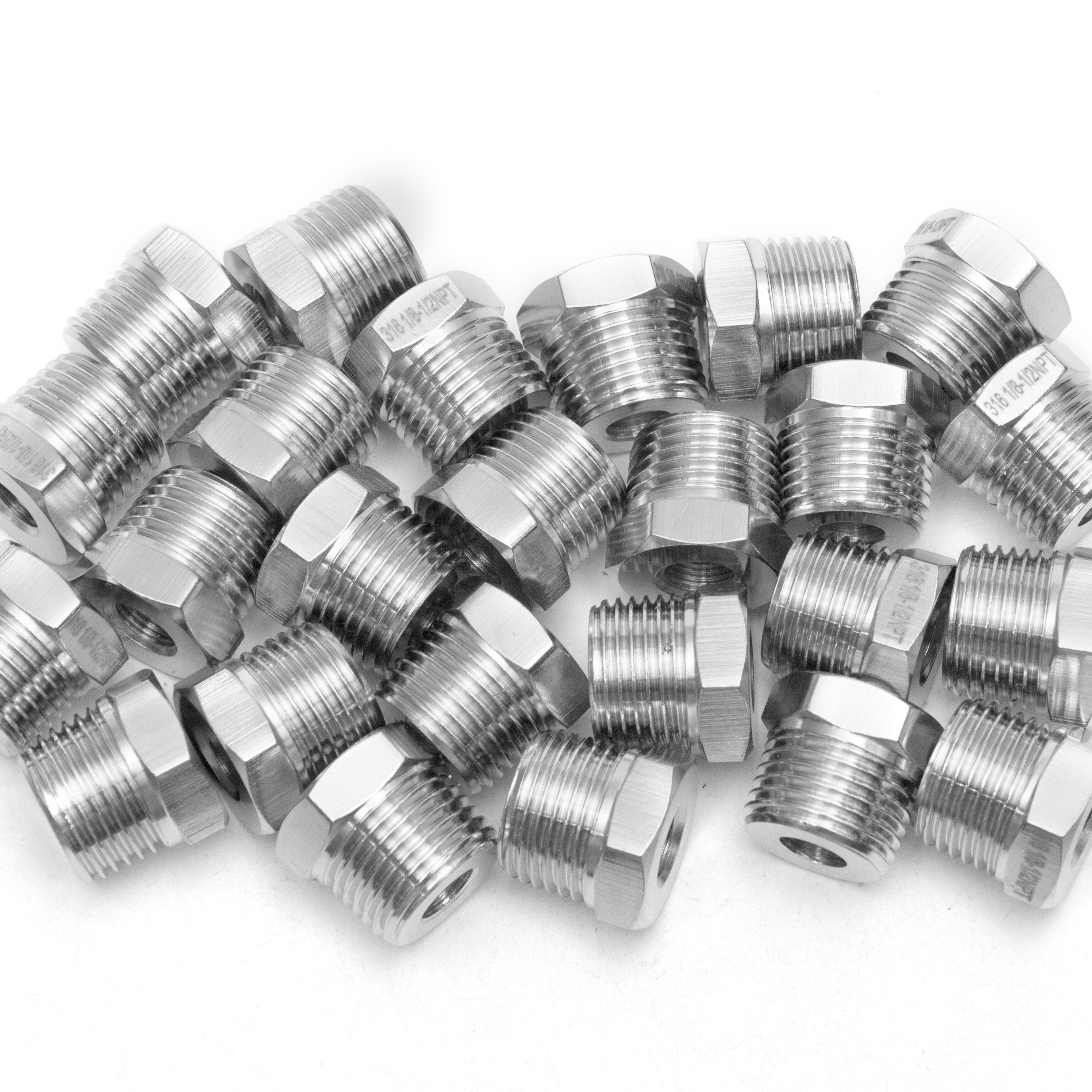 LTWFITTING Bar Production Stainless Steel 316 Pipe Hex Bushing Reducer Fittings 1/2 Inch Male x 1/8 Inch Female NPT Fuel Water Boat (Pack of 25)
