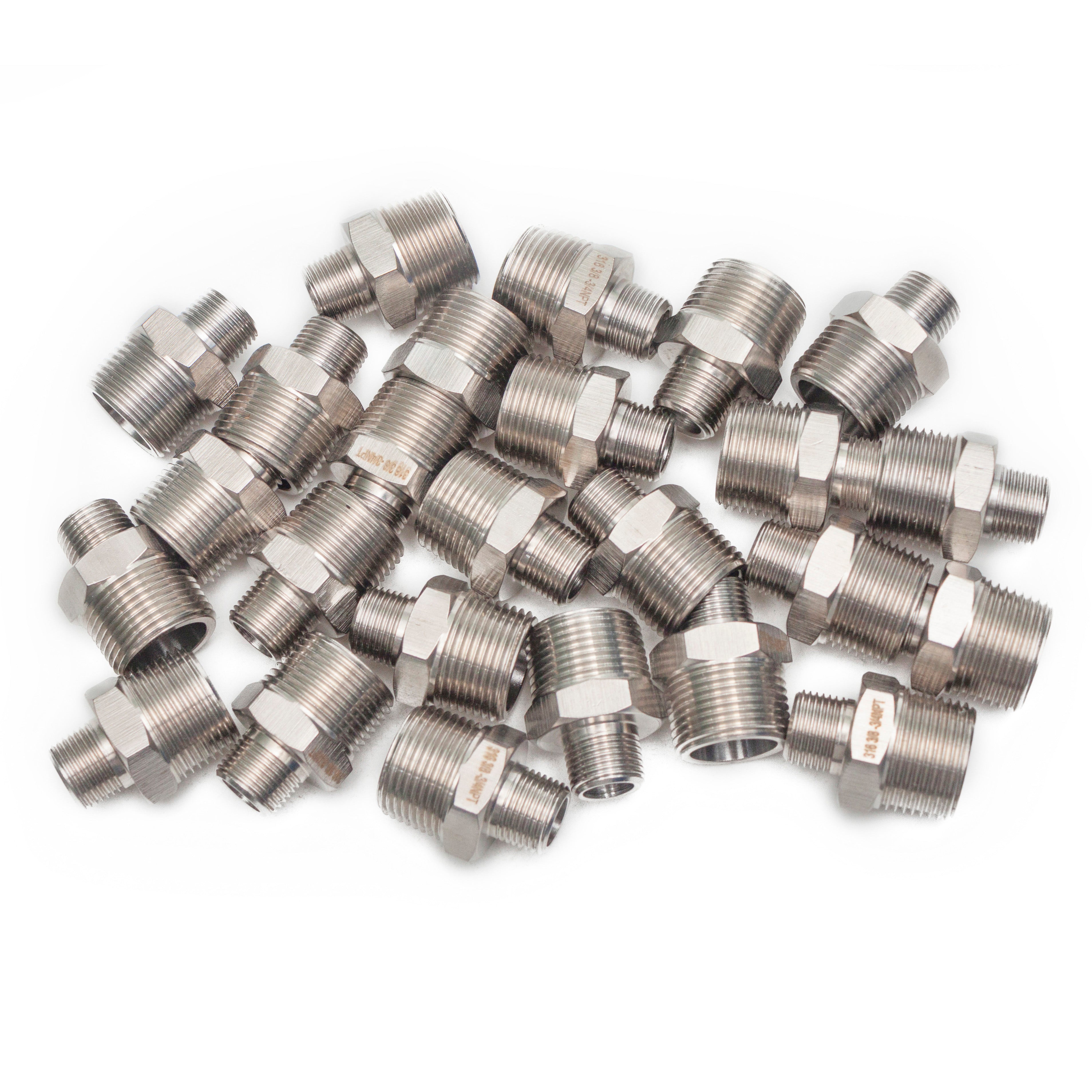 LTWFITTING Bar Production Stainless Steel 316 Pipe Hex Reducing Nipple Fitting 3/4 Inch x 3/8 Inch Male NPT Water Boat (Pack of 25)