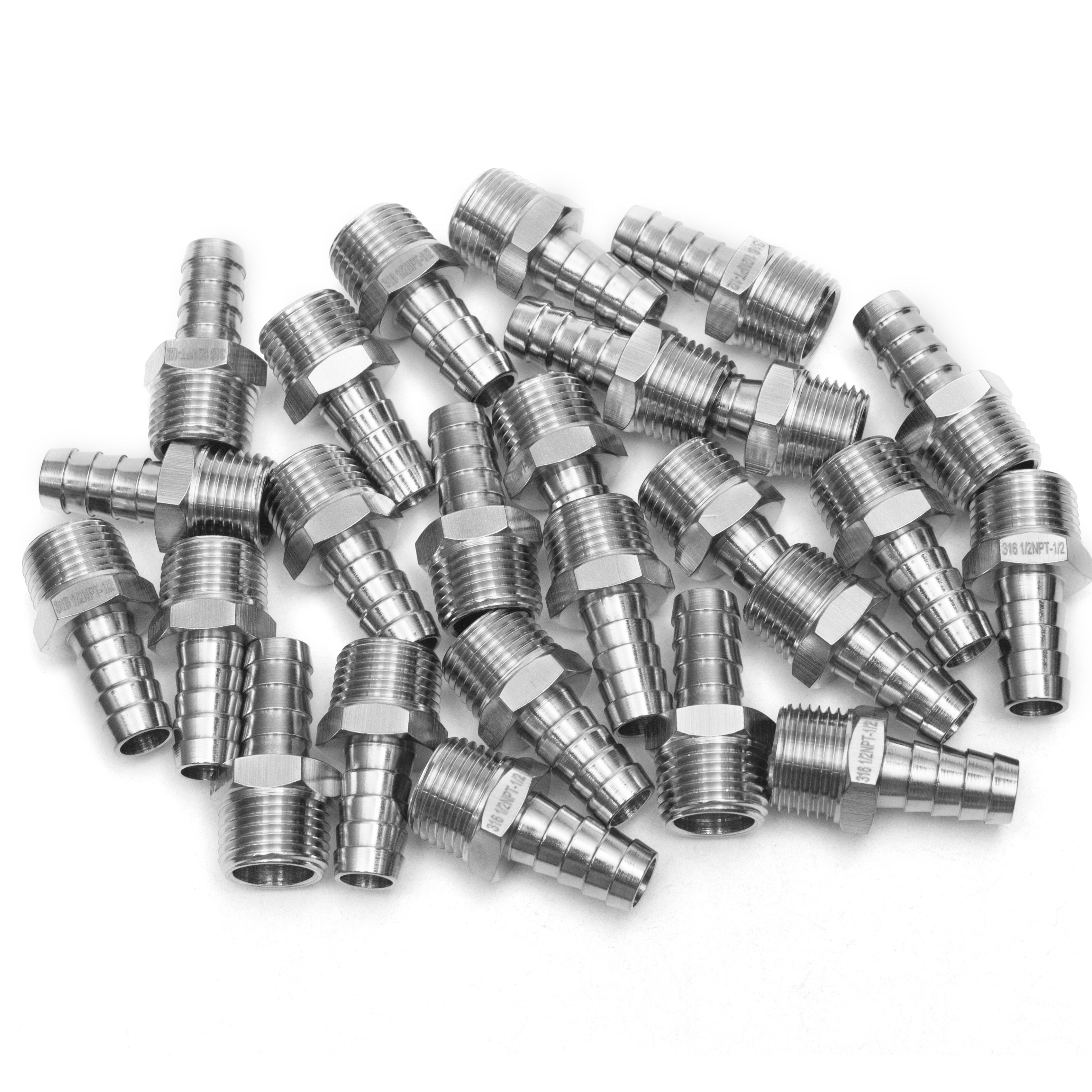 LTWFITTING Bar Production Stainless Steel 316 Barb Fitting Coupler/Connector 1/2 Inch Hose ID x 1/2 Inch Male NPT Air Fuel Water (Pack of 25)